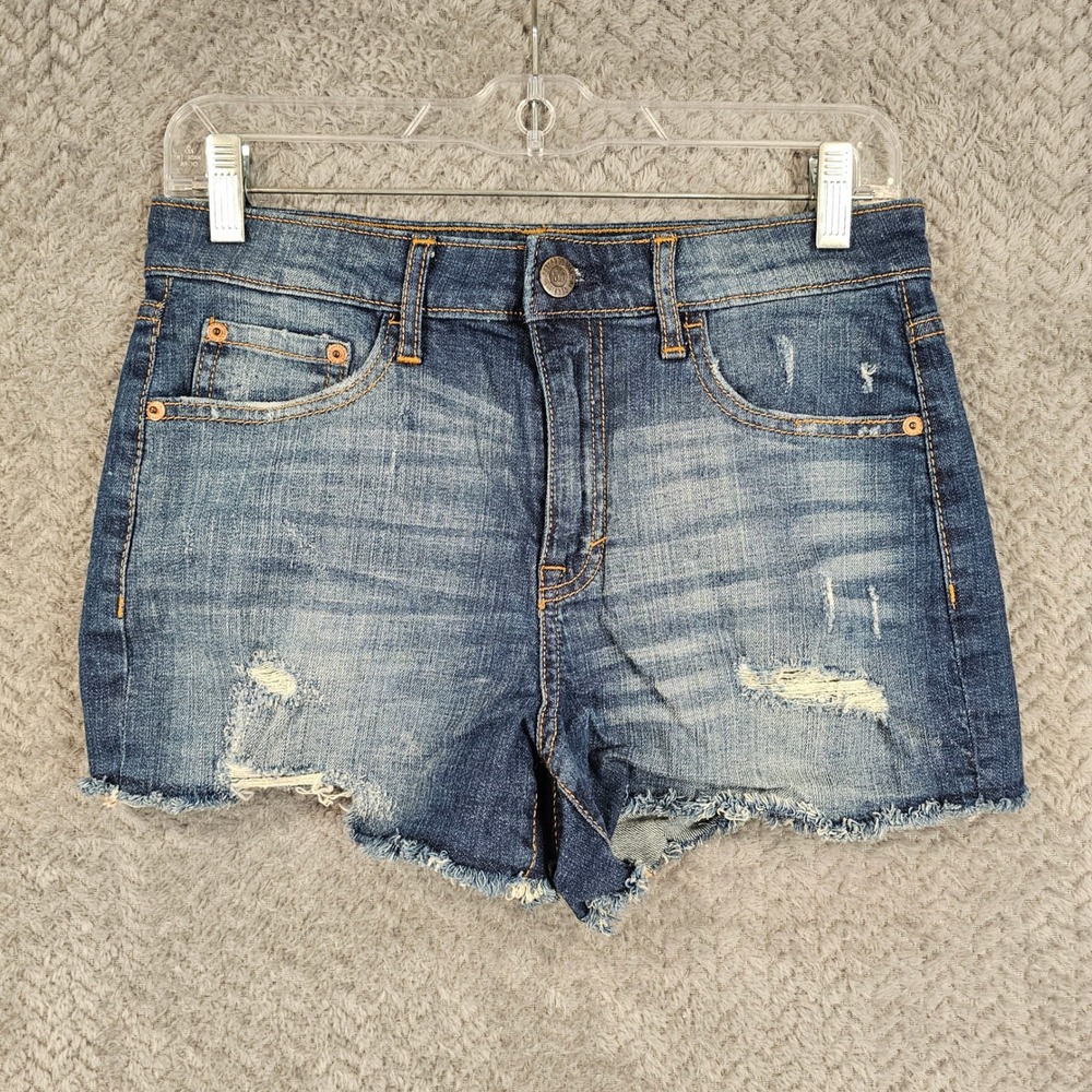 Aeropostale High Waisted Midi Denim Shorts Blue Distressed Frayed Hem Womens 6